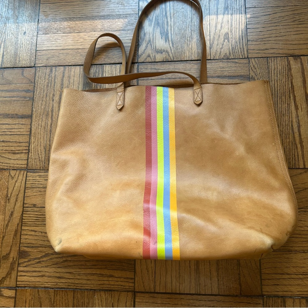 Madewell Tan Leather Tote Rainbow Stripe